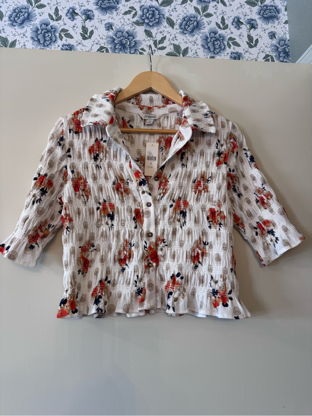 Anthropologie White Textured Button-Down with Red and Navy Floral Print